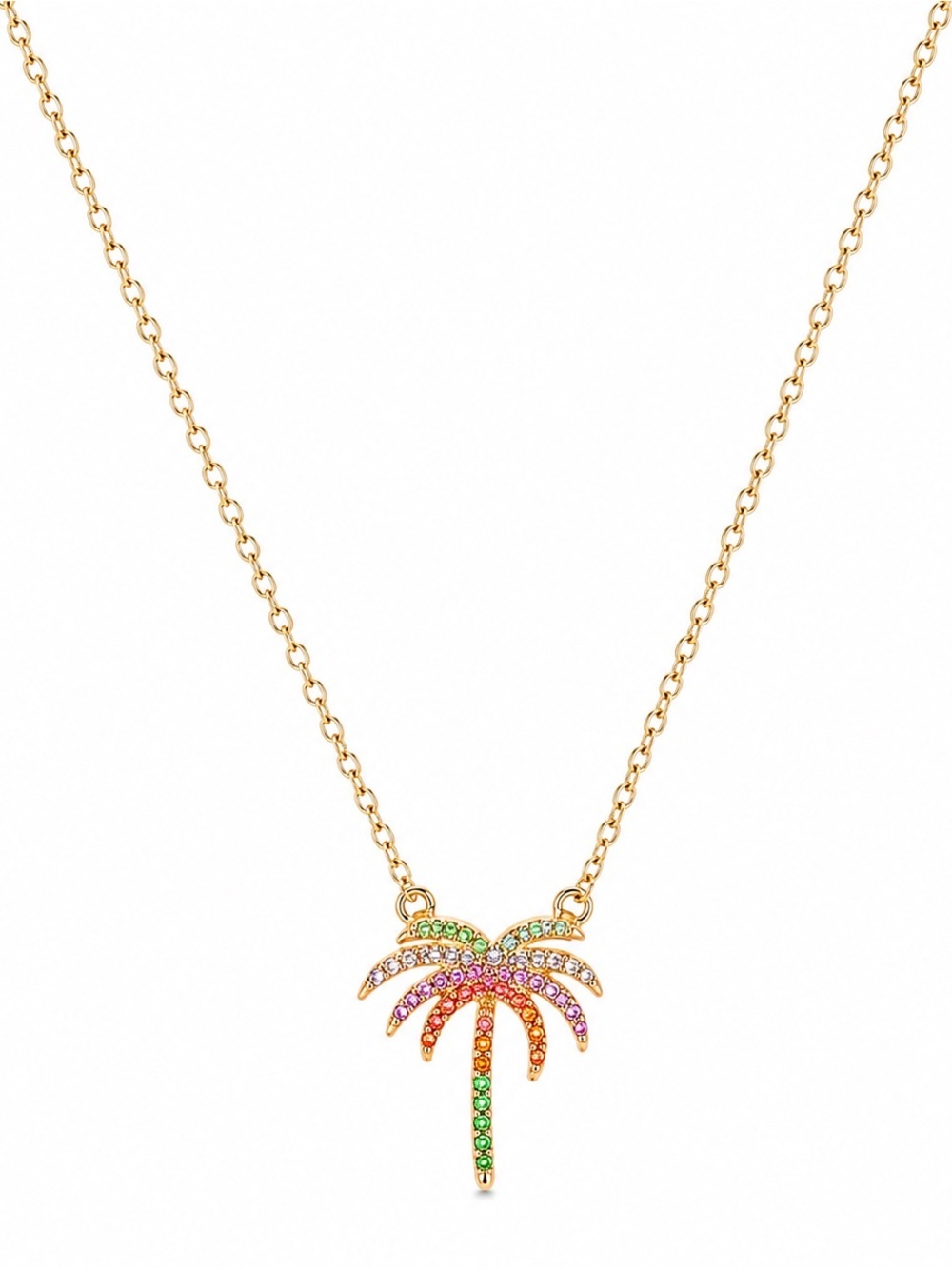 Colorful Rhinestone Palm Tree Pendant Necklace Gold Tone Tropical Beach Boho